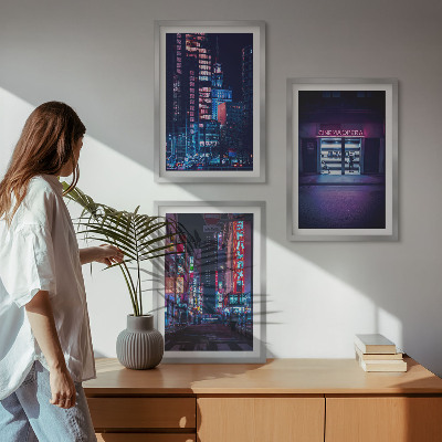 Set di quadri incorniciati Ingresso al neon della città notturna