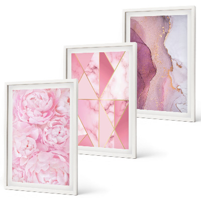 Set di 3 quadri Peonie geometriche rosa