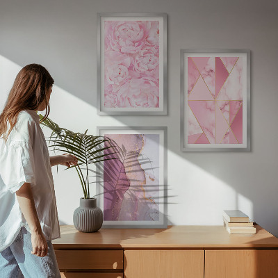 Set di 3 quadri Peonie geometriche rosa