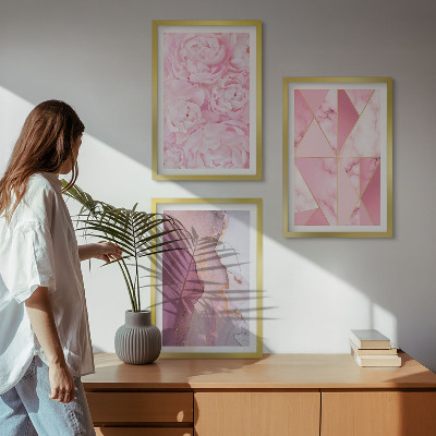 Set di 3 quadri Peonie geometriche rosa