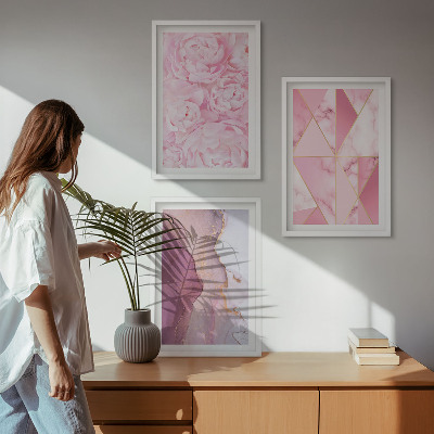 Set di 3 quadri Peonie geometriche rosa