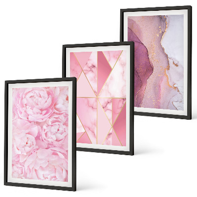 Set di 3 quadri Peonie geometriche rosa