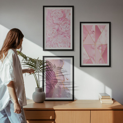 Set di 3 quadri Peonie geometriche rosa