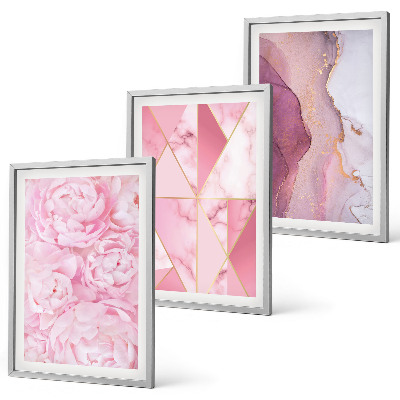 Set di 3 quadri Peonie geometriche rosa
