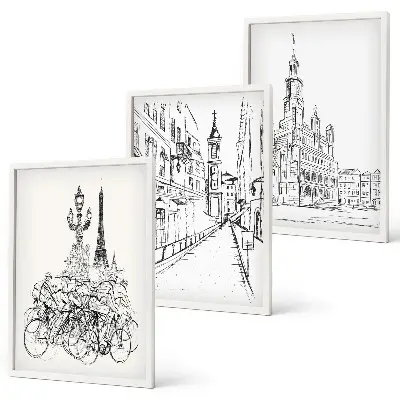 Composizione di quadri con disegni di paesaggi urbani