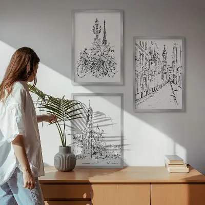 Composizione di quadri con disegni di paesaggi urbani