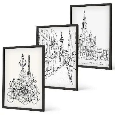 Composizione di quadri con disegni di paesaggi urbani