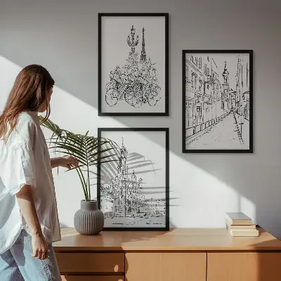 Composizione di quadri con disegni di paesaggi urbani