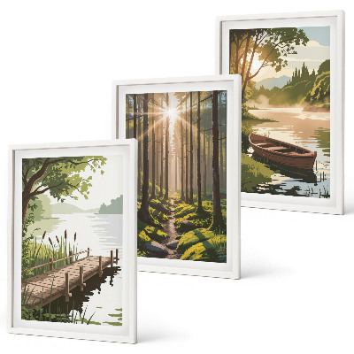 Set di quadri incorniciati Paesaggio della foresta, del lago e della barca