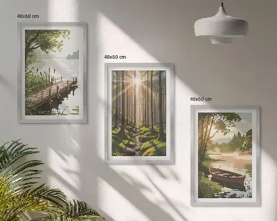 Set di quadri incorniciati paesaggio con foresta, lago e barca