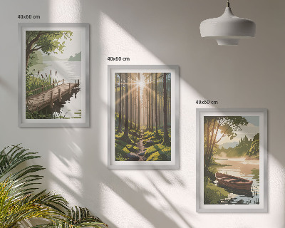 Set di quadri incorniciati Paesaggio della foresta, del lago e della barca