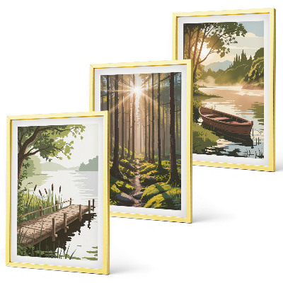 Set di quadri incorniciati Paesaggio della foresta, del lago e della barca