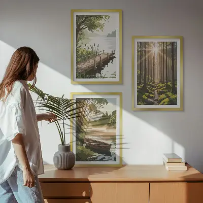 Set di quadri incorniciati paesaggio con foresta, lago e barca