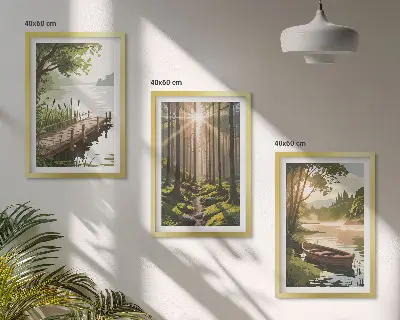 Set di quadri incorniciati paesaggio con foresta, lago e barca