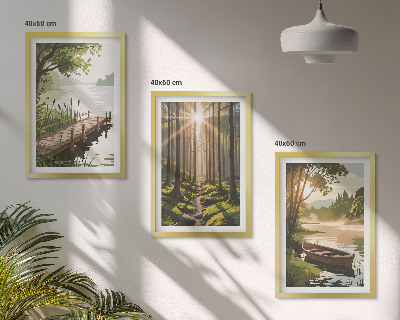 Set di quadri incorniciati Paesaggio della foresta, del lago e della barca