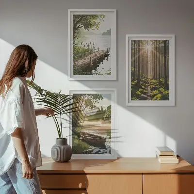 Set di quadri incorniciati paesaggio con foresta, lago e barca