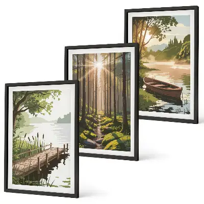 Set di quadri incorniciati paesaggio con foresta, lago e barca