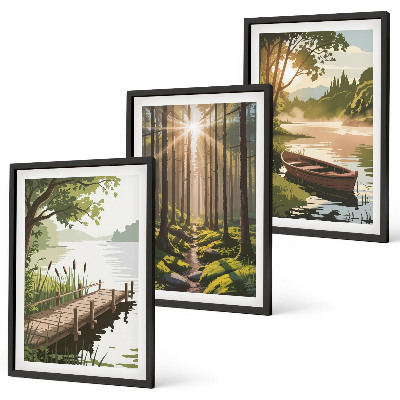 Set di quadri incorniciati Paesaggio della foresta, del lago e della barca