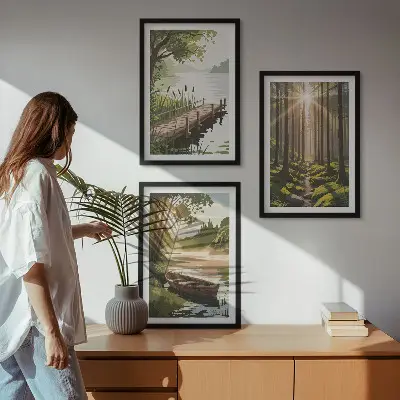 Set di quadri incorniciati paesaggio con foresta, lago e barca