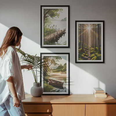 Set di quadri incorniciati Paesaggio della foresta, del lago e della barca