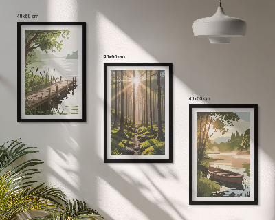 Set di quadri incorniciati Paesaggio della foresta, del lago e della barca