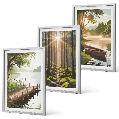 Set di quadri incorniciati Paesaggio della foresta, del lago e della barca