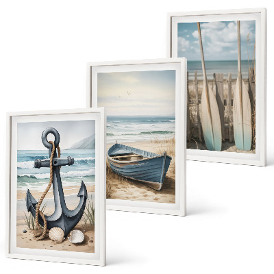 Set di 3 quadri Ancora barca remi spiaggia