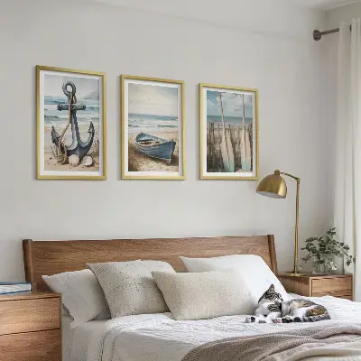 Set di 3 quadri decorazione da parete con barca, remi e spiaggia