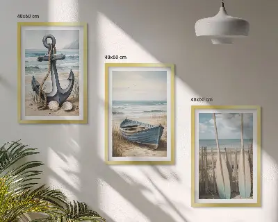 Set di 3 quadri decorazione da parete con barca, remi e spiaggia