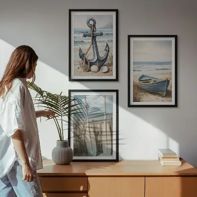 Set di 3 quadri decorazione da parete con barca, remi e spiaggia