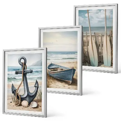 Set di 3 quadri decorazione da parete con barca, remi e spiaggia