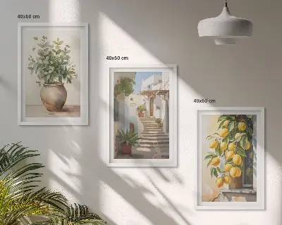Composizione di quadri con piante in vaso, limoni e strada