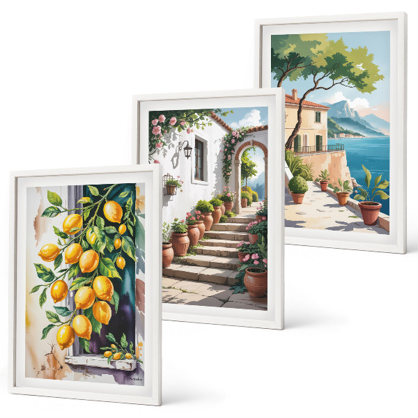 Set di 3 quadri Limoni, fiori, vista mare