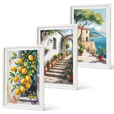 Set di 3 quadri con limoni, fiori e vista mare