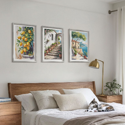 Set di 3 quadri Limoni, fiori, vista mare