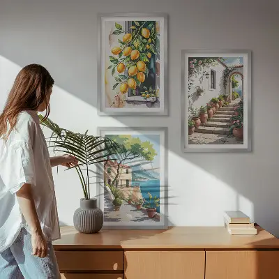 Set di 3 quadri con limoni, fiori e vista mare
