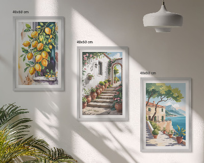 Set di 3 quadri Limoni, fiori, vista mare