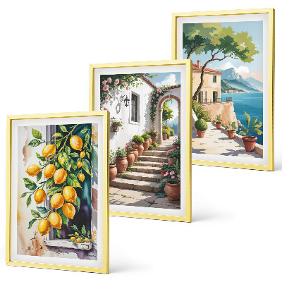 Set di 3 quadri Limoni, fiori, vista mare