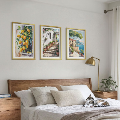 Set di 3 quadri Limoni, fiori, vista mare