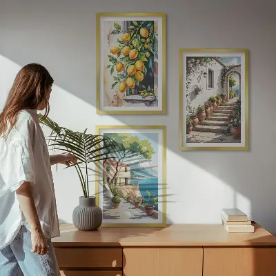 Set di 3 quadri con limoni, fiori e vista mare