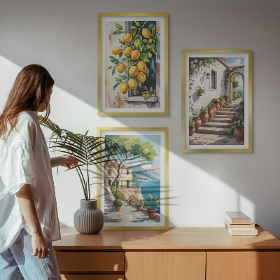 Set di 3 quadri Limoni, fiori, vista mare