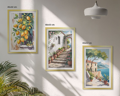 Set di 3 quadri Limoni, fiori, vista mare