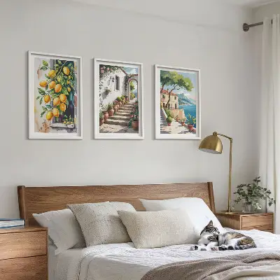 Set di 3 quadri con limoni, fiori e vista mare