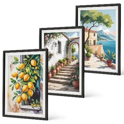 Set di 3 quadri con limoni, fiori e vista mare