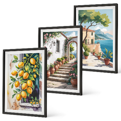 Set di 3 quadri Limoni, fiori, vista mare
