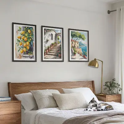 Set di 3 quadri con limoni, fiori e vista mare