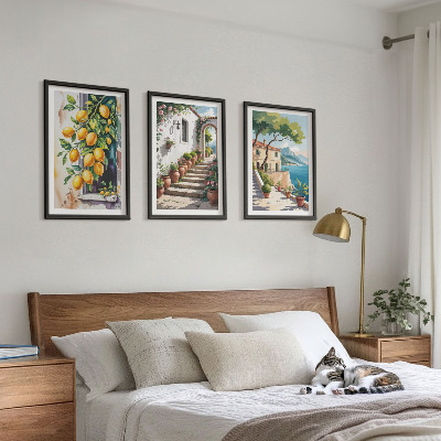 Set di 3 quadri Limoni, fiori, vista mare