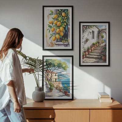 Set di 3 quadri Limoni, fiori, vista mare