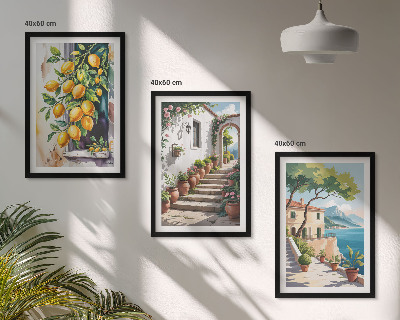 Set di 3 quadri Limoni, fiori, vista mare