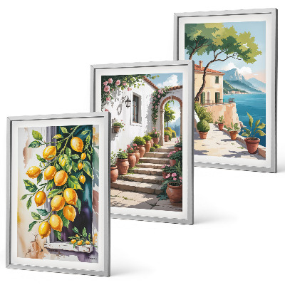 Set di 3 quadri Limoni, fiori, vista mare